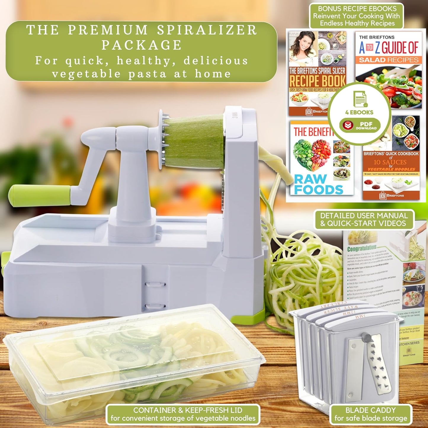 Brieftons 7-Blade Vegetable Spiralizer: Zucchini Spiral Slicer & Veggie Noodle Maker, Japanese Steel Blades, Catch Container, Strong Suction Cup, Blade Caddy, 4 eBooks | Low Carb, Vegan, Gluten-Free