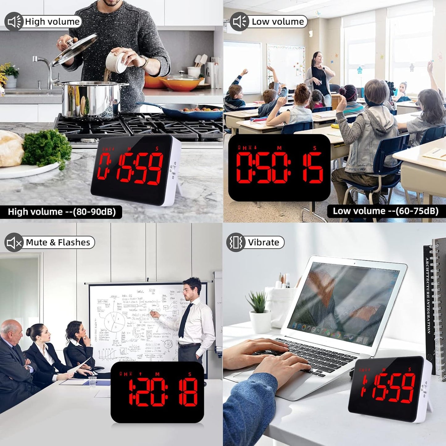 PERSUPER Digital Timer Kitchen Timer Count Down Up Rechargeable Kitchen Gadgets Vibration Mode Adjustable Volume and Brightness LED Display Time Management for Cook, Desk, Kids Adults Study Teaching