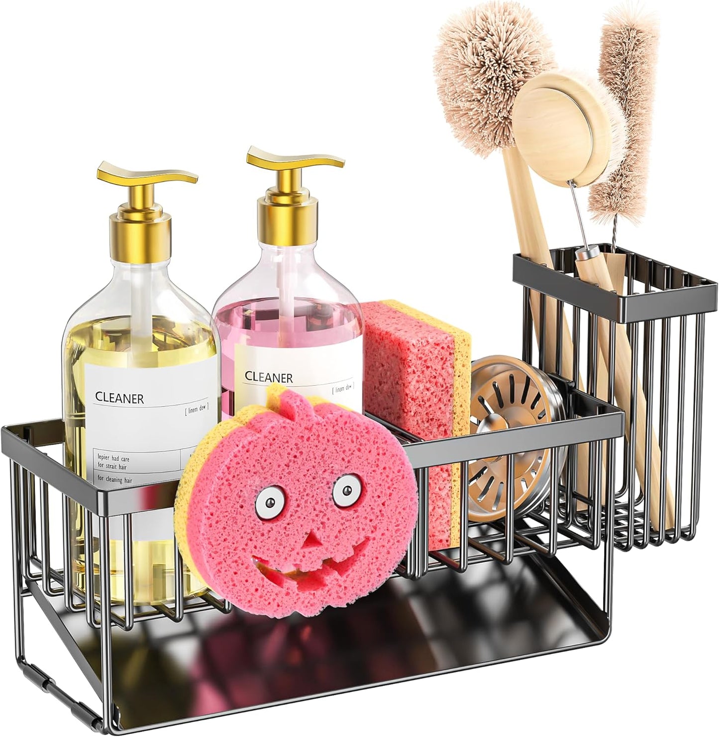 Sponge Holder for Kitchen Sink, Smiley Face Sink Caddy with Removable Brush Holder,Self-Draining Sponge Caddy for Sponge,Soap,Dish Brush,Scrubber,Kitchen Essentials and Gadgets