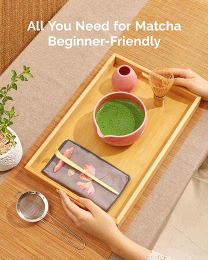 Maestri House Matcha Whisk Set, 7-Pc Complete Matcha Kit with Spouted Ceramic Bowl, Bamboo Whisk and Holder, Scoop, Spoon Rest & Sifter, Tea Cloth – Ideal Gift for Matcha Lovers (Green)