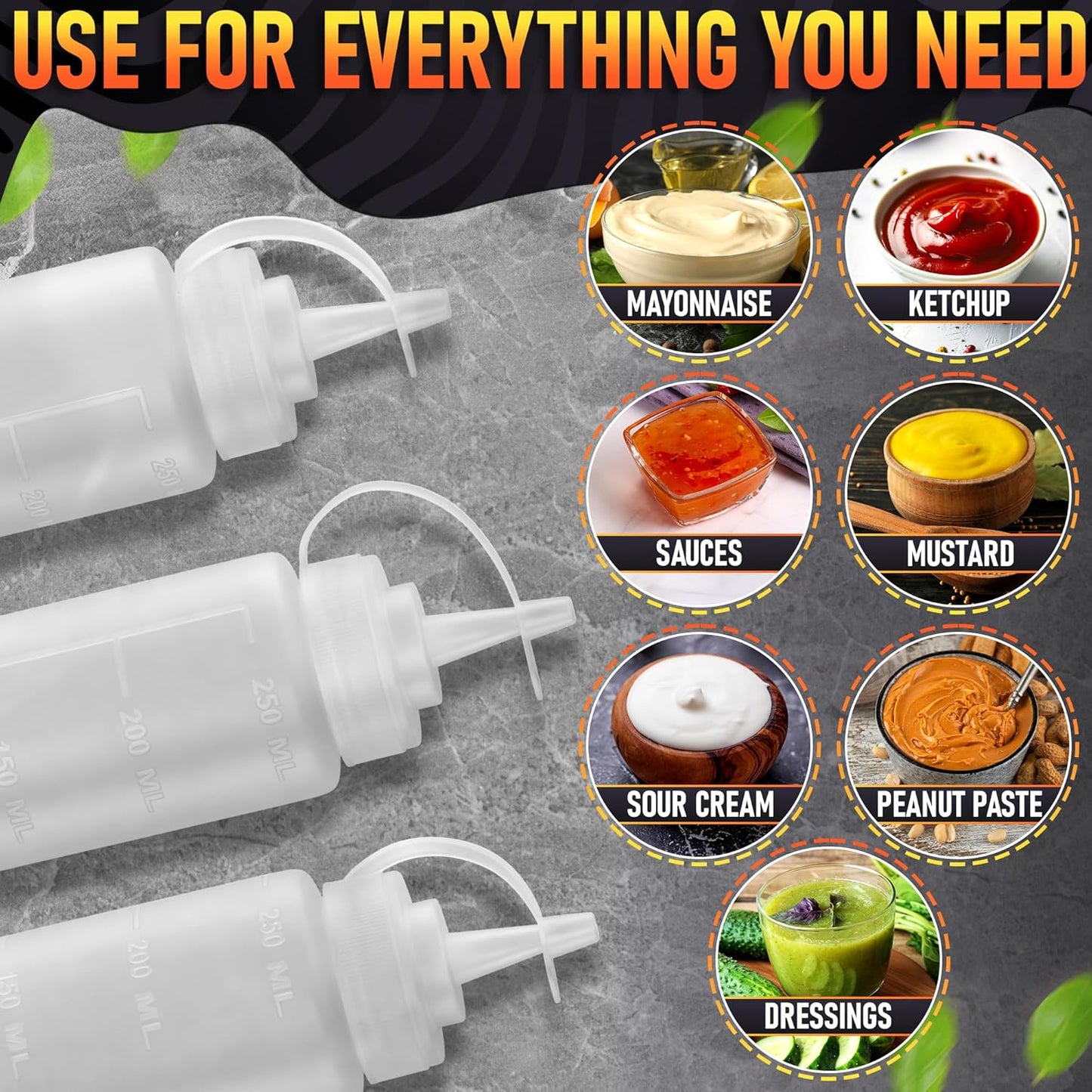 Set of 6 Inverted Condiment Squeeze Bottles 16 oz – Upgraded Design with Added Sealing Gaskets, Self-Closing Valve, Easy-to-Fill Clear Bottles for Sauces, Dressings, Ketchup, Mustard for Everyday Use