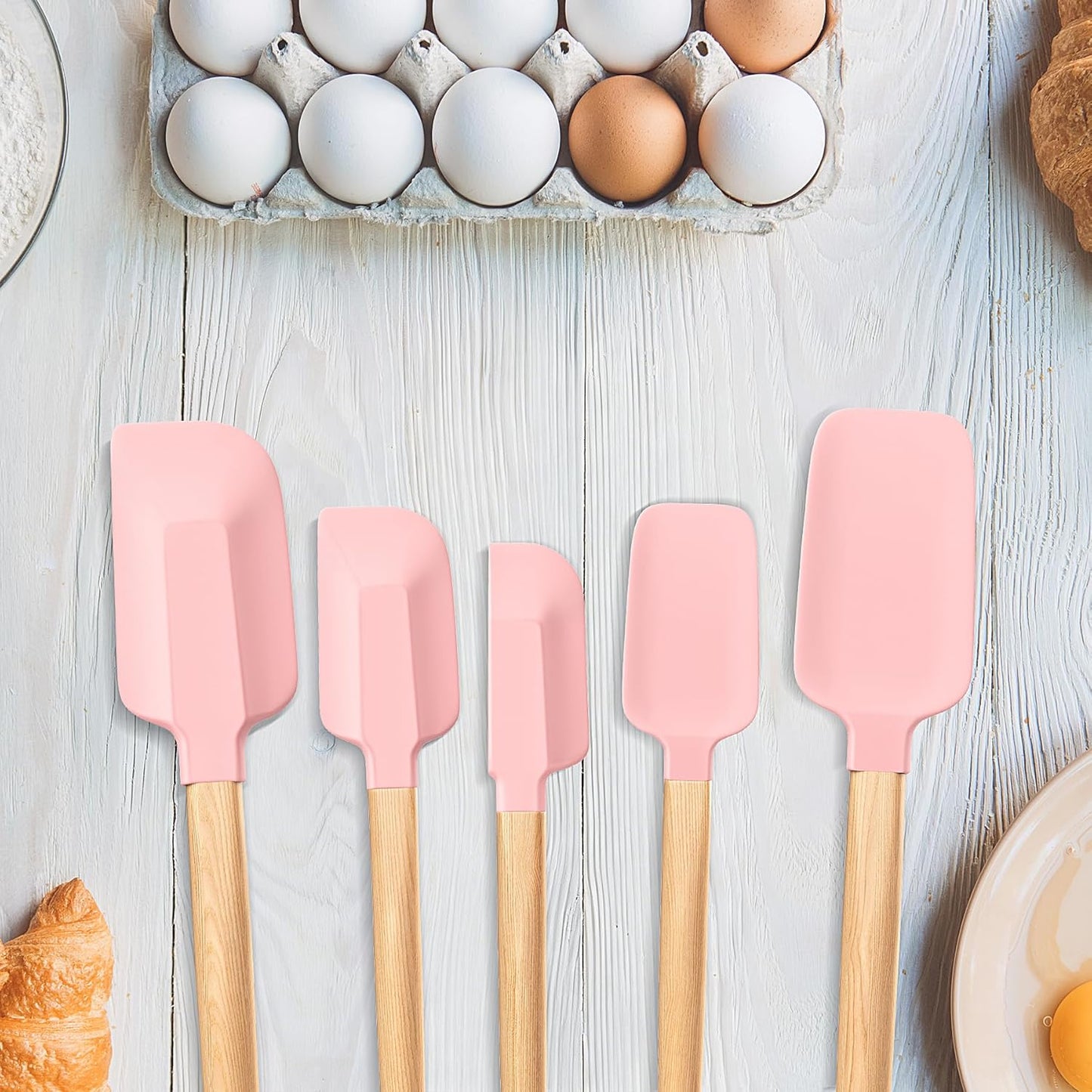 Wooden Handle Silicone Rubber Spatula Set 5 Piece for Kitchen Baking, Jars,Cooking, and Mixing High Heat Resistant Non Stick Dishwasher Safe BPA-Free (Pink)