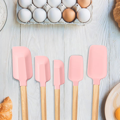 Wooden Handle Silicone Rubber Spatula Set 5 Piece for Kitchen Baking, Jars,Cooking, and Mixing High Heat Resistant Non Stick Dishwasher Safe BPA-Free (Pink)