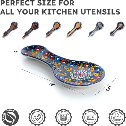 Handmade Spoon Rest, Ceramic Spoon Rest for Stove Top, 10" Spoon Rest for Kitchen Counter, Dishwasher Safe Spoon Holder for Stove, Housewarming Gifts Utensil Rest, Colorful Spoon Rests (Black)
