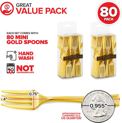 Gold Plastic Mini Spoons Disposable, 4 inch (80 Pack) Tasting Spoon, Dessert Mini spoon for Ice Cream Taster, Small Sample Desserts, Gelato Sampling, Fancy Miniature Pudding, Little Appetizers, Bulk