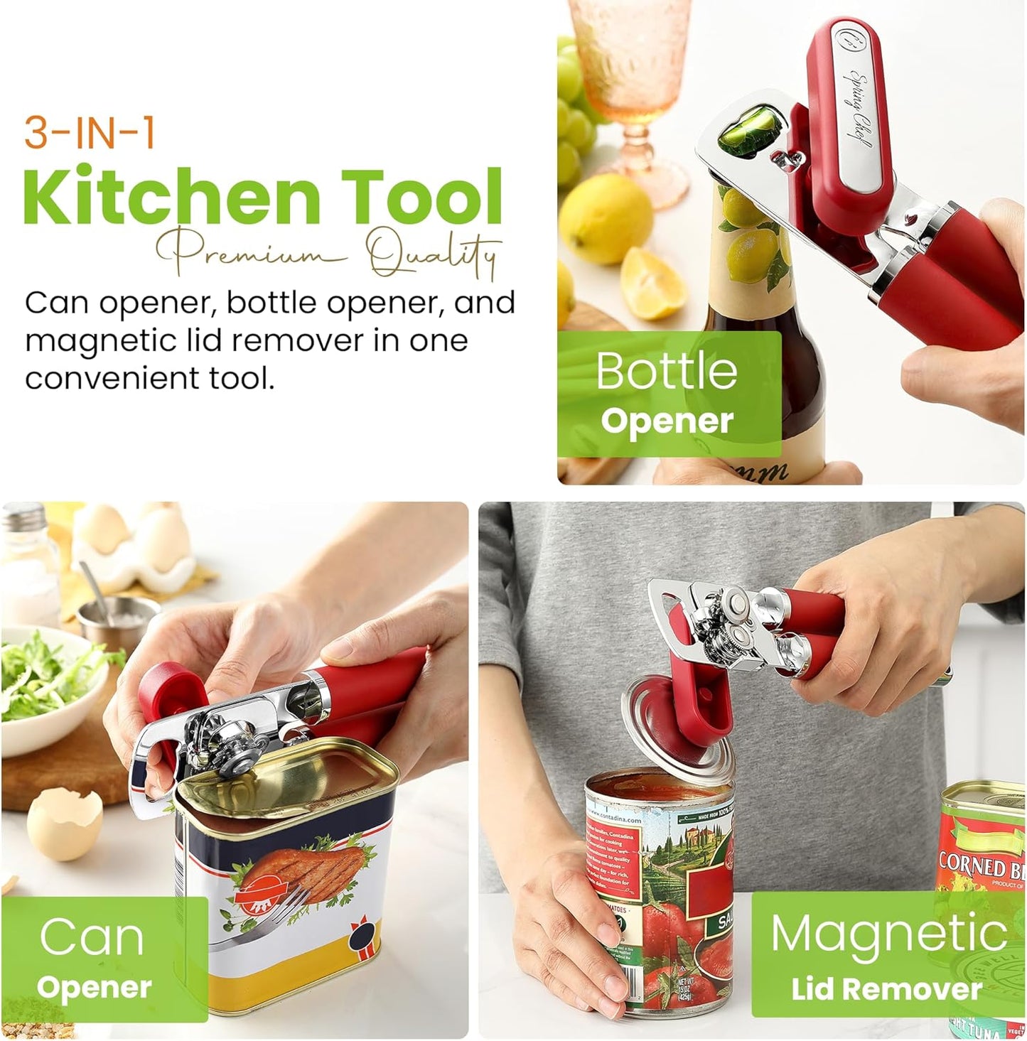 Spring Chef Stainless Steel Can Opener - Manual with Soft Grip Handles, Easy Turn, Heavy Duty Hand Can Openers for Seniors with Smooth Edge - Magnetic Lid Remover - Black