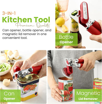 Spring Chef Stainless Steel Can Opener - Manual with Soft Grip Handles, Easy Turn, Heavy Duty Hand Can Openers for Seniors with Smooth Edge - Magnetic Lid Remover - Black