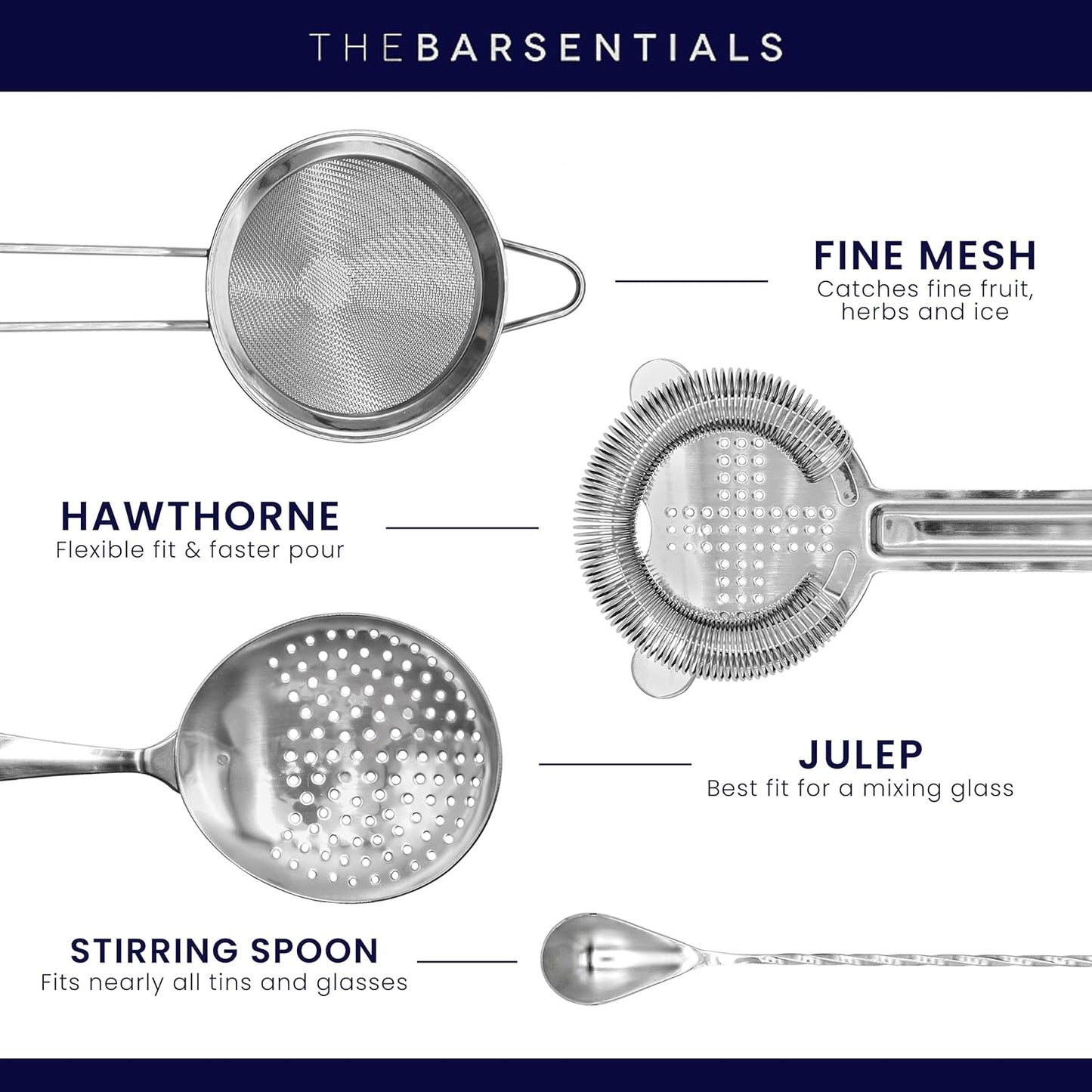 Cocktail Strainer Set Stainless Steel Bar Tools with Stirring Spoon - Hawthorne, Julep, & Fine-Mesh Sifter for Drinks