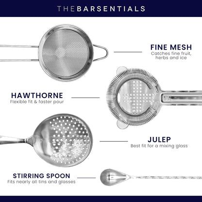 Cocktail Strainer Set Stainless Steel Bar Tools with Stirring Spoon - Hawthorne, Julep, & Fine-Mesh Sifter for Drinks