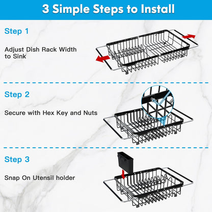 JASIWAY Roll Up Dish Drying Rack, Expandable (12.8"-23.8" D x 12.8" W) Stainless Steel Portable Drainer for Kitchen Sink Counter, Foldable Over The Sink Cover with Removable Utensil Holder