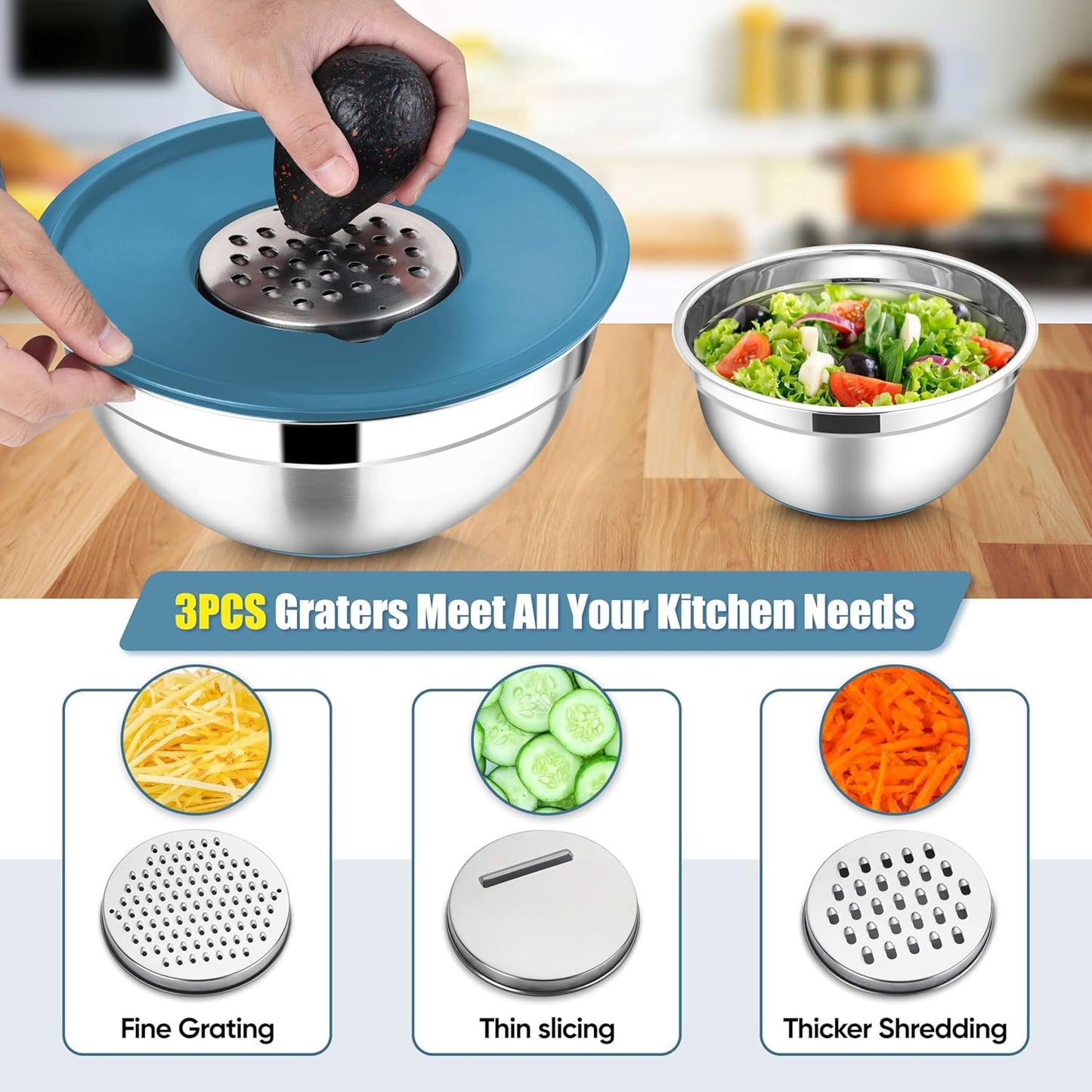 E-far Stainless Steel Mixing Bowls with Lids Set, 5-Piece Nesting Salad Bowls with 3 Grater Attachments and Non-Slip Bottoms, Size 4.6, 2.6, 2, 1.5, 1QT for Kitchen (Black)