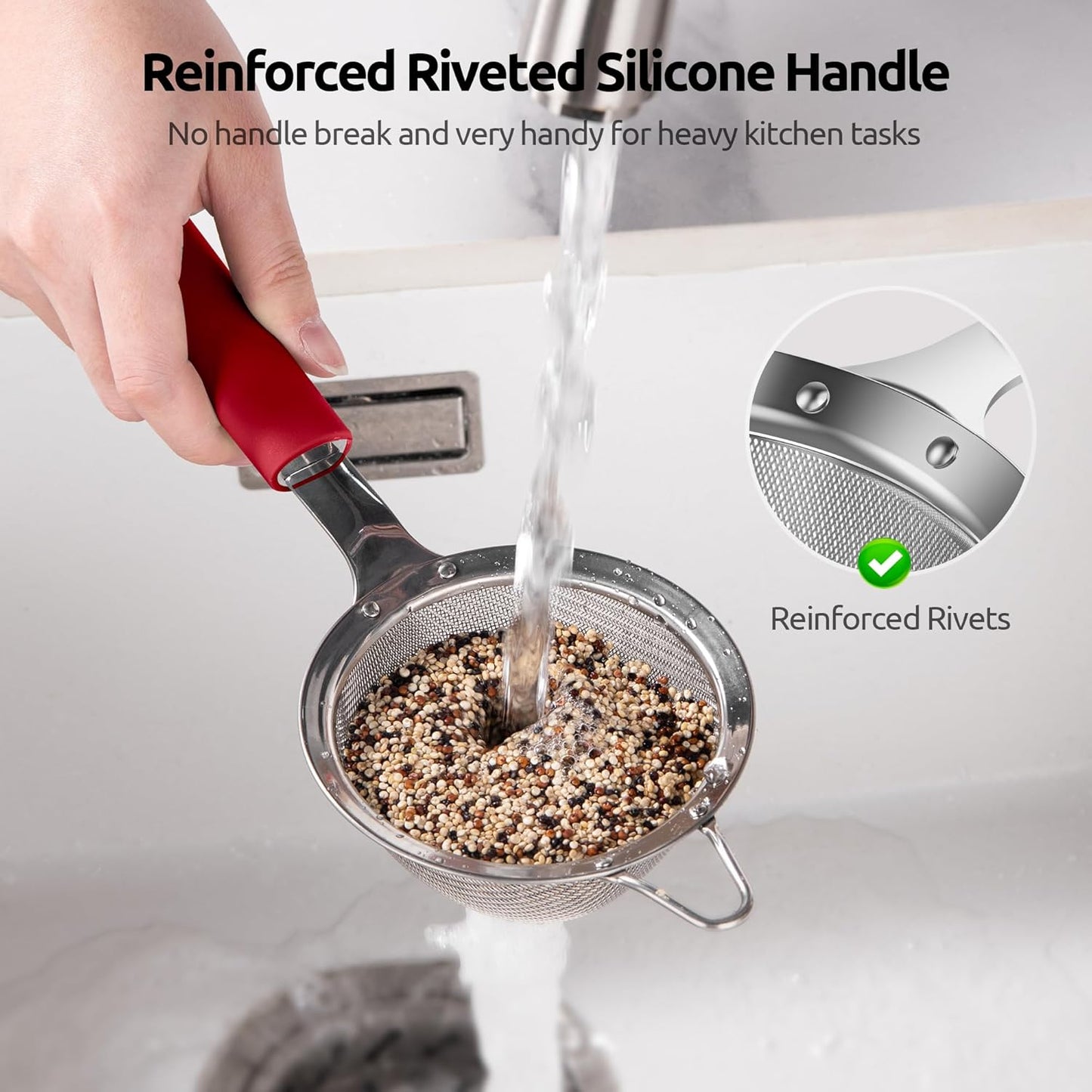 U-Taste Medium Fine Mesh Strainer: 18/8 Stainless Steel 4.73in 30 Mesh Kitchen Food Sieve with Sturdy Riveted Silicone Handle, Heavy Duty Deep Handheld Metal Colander for Rice, Quinoa, Flour (Black)