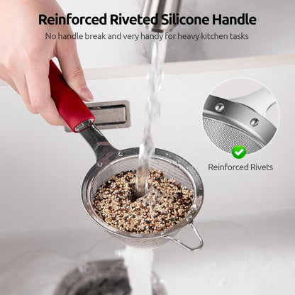 U-Taste Medium Fine Mesh Strainer: 18/8 Stainless Steel 4.73in 30 Mesh Kitchen Food Sieve with Sturdy Riveted Silicone Handle, Heavy Duty Deep Handheld Metal Colander for Rice, Quinoa, Flour (Black)