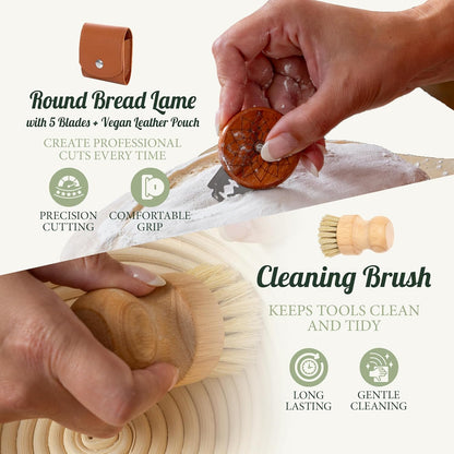 Sourdough Baking Kit Complete Starter Set with Banneton Proofing Basket Bread Lame Dough Scraper Whisk and Guide for Homemade Artisan Bread