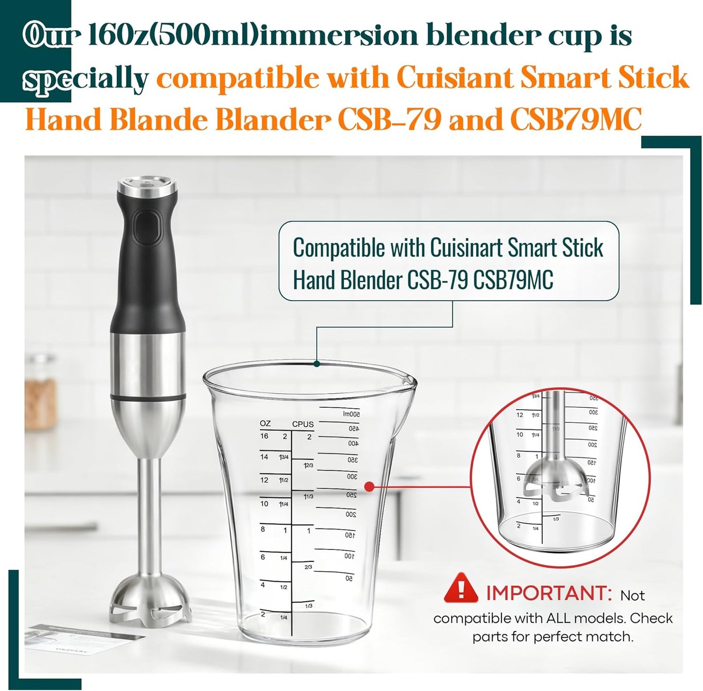 Feekoon Blender Measuring Cup 16oz Compatible with Cuisinart Smart Stick Hand Blender CSB-79 CSB79MC, Glass Mixer Attachments Immersion Cups, Replacement Measuring Cup for Stick Hand Blenders