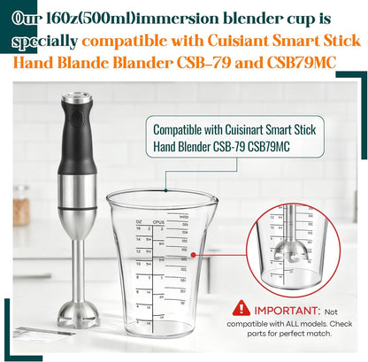 Feekoon Blender Measuring Cup 16oz Compatible with Cuisinart Smart Stick Hand Blender CSB-79 CSB79MC, Glass Mixer Attachments Immersion Cups, Replacement Measuring Cup for Stick Hand Blenders