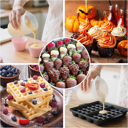 Palksky Silicone Chocolate Melting Cup Set with 4 Silicone Measuring Cups (250ml & 350ml) and 4PCS Heat-Resistant Jar Spatulas, Non-Stick Baking Tools for DIY Chocolate, Butter & Cream Mixing