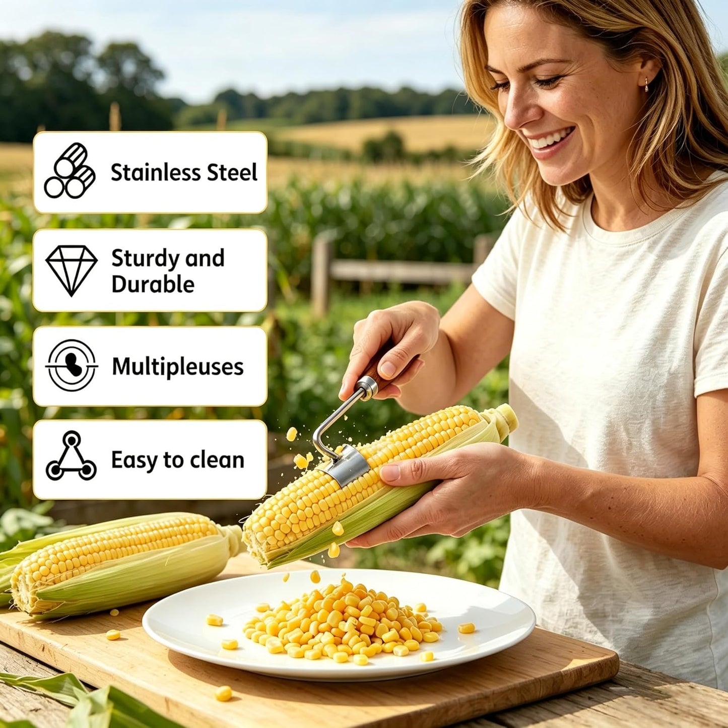 2Pcs Corn Peeler 2026 Upgrade, 304 Stainless Steel Curved Blade Corn Cob Stripper with Wooden Handle, Ergonomic Kernel Remover for Fresh, Cooked, or Frozen Corn