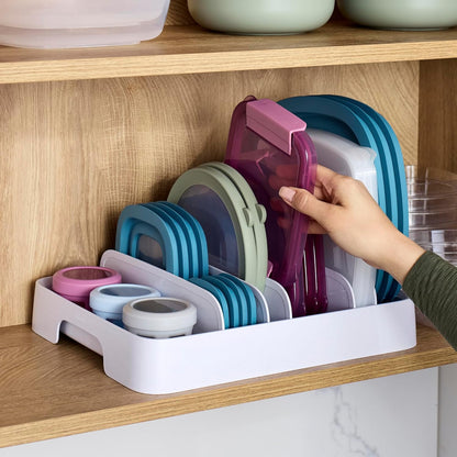 YouCopia StoraLid Food Container Lid Organizer for Kitchen Cabinet Storage with 5 Adjustable Dividers, 10.5''D × 13.4''W × 3.3''H, Large Classic Edition, White