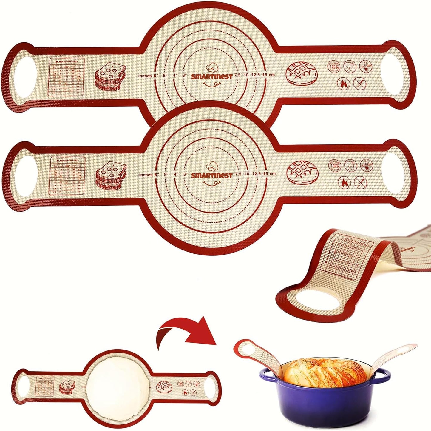 Sourdough Silicone Bread Sling for Dutch Oven, 2PCS Non-Stick Reusable Baking Mat with Long Handles, Essentials Bread Making Supplies for Dough Transfer and Loaf Pan Lifter Liner, Set Of Oval & Round