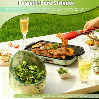 Herb Stripper Bowl, Pottery Ceramic Herb Stripper Stripper for Ergonomic Design Fast Leaf Removal (Green)