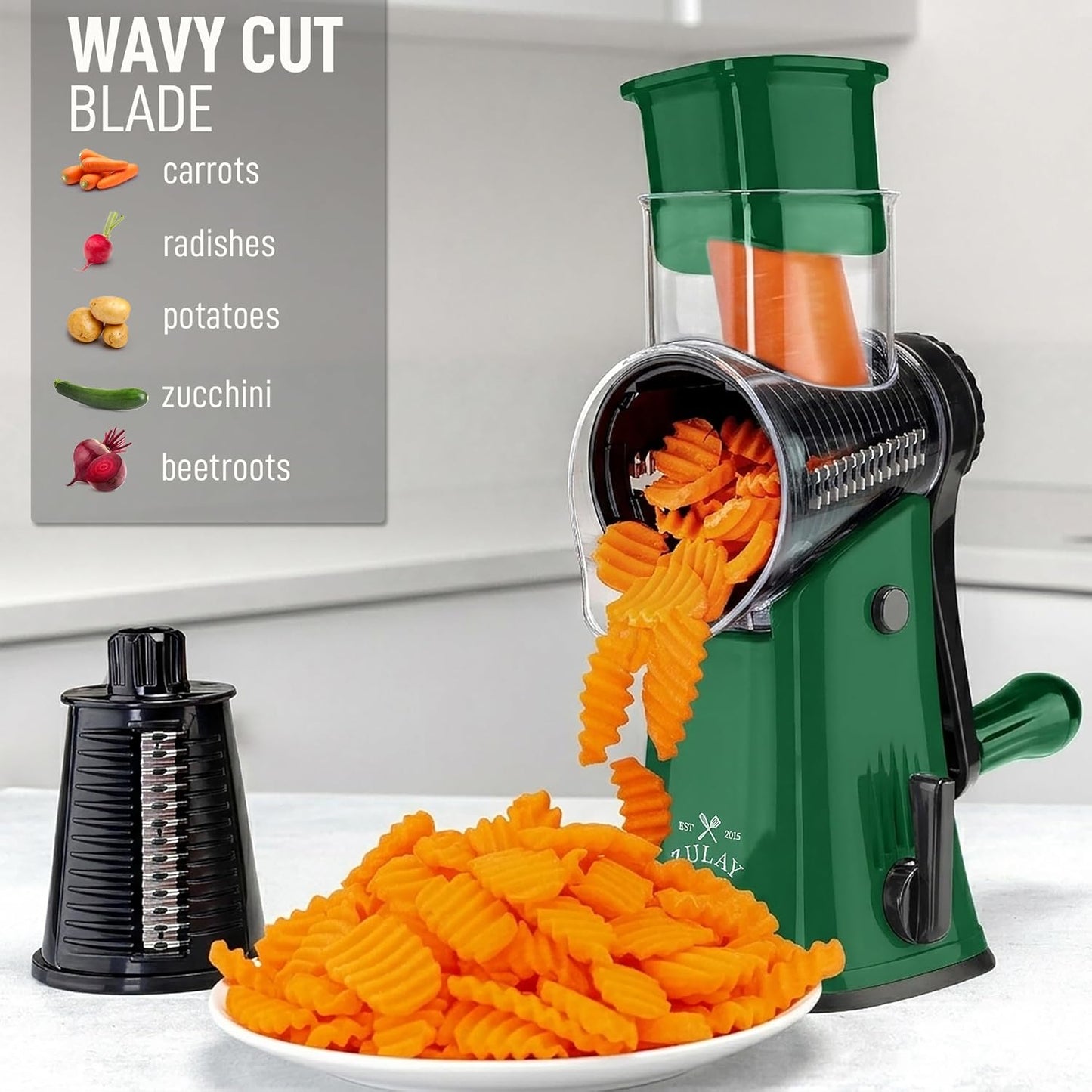 Zulay Kitchen Rotary Cheese Grater 5 Blade Cheese Shredder - Manual Hand Crank Cheese Grater With Reinforced Suction & 5 Interchangeable Drums - Easy to Use, Vegetable Chopper Round Mandoline Slicer - Colors A
