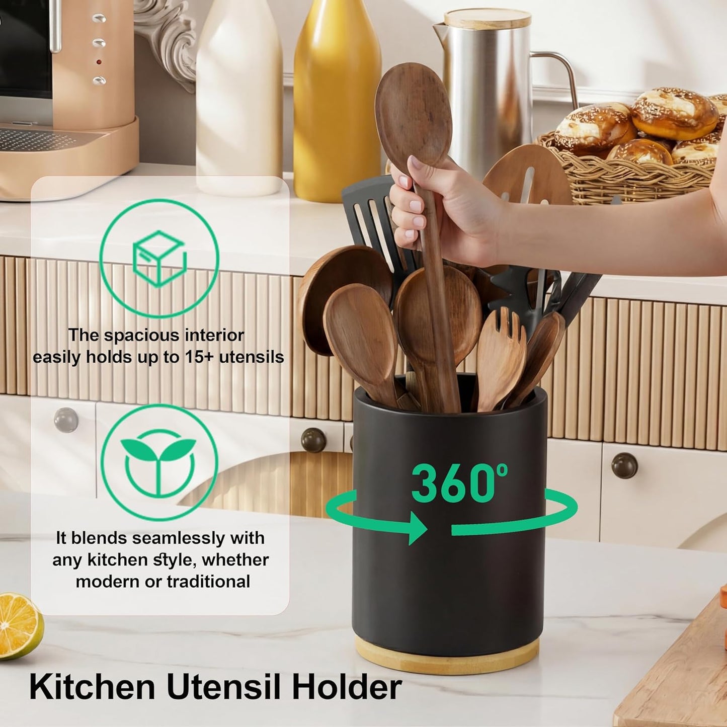 ZUJJAFY Utensil Holder, 360° Rotating Acacia Wood Kitchen Utensil Holder for Counter, 7.2" Large Cooking Utensil Crock for Countertop, Wooden Utensils Organizer for Cooking Spatula Storage