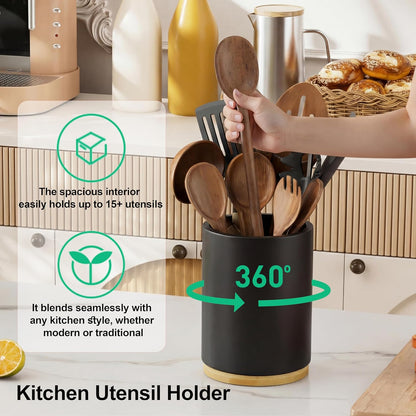 ZUJJAFY Utensil Holder, 360° Rotating Acacia Wood Kitchen Utensil Holder for Counter, 7.2" Large Cooking Utensil Crock for Countertop, Wooden Utensils Organizer for Cooking Spatula Storage