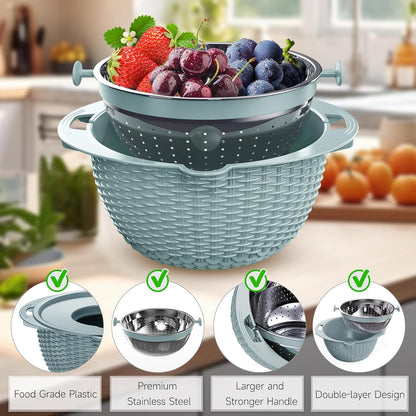 4-1 Colander with Bowl Set - Pasta Strainer - Colander for Kitchen - Strainers and Colanders Rice Strainer Fruit Cleaner Veggie Wash Sink Strainer Kitchen Essentials - Black