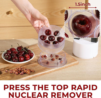 Cherry Pitter Tool - 7-in-1 Multiple Cherry Corer with 1.5" Extra Large Slots for Jumbo Cherries, Olive Pitter, Transparent Pit Container, Dishwasher Safe, Anti-Splash Design