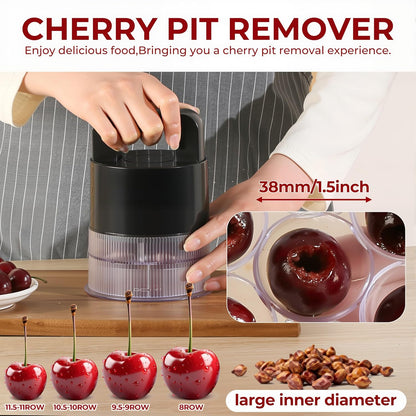 Cherry Pitter Tool - 7-in-1 Multiple Cherry Corer with 1.5" Extra Large Slots for Jumbo Cherries, Olive Pitter, Transparent Pit Container, Dishwasher Safe, Anti-Splash Design