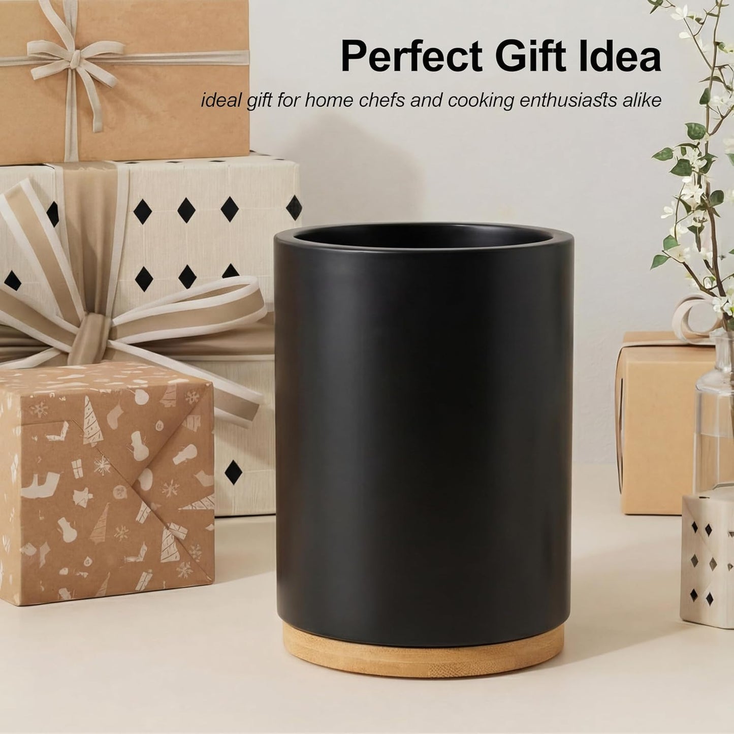 ZUJJAFY Utensil Holder, 360° Rotating Acacia Wood Kitchen Utensil Holder for Counter, 7.2" Large Cooking Utensil Crock for Countertop, Wooden Utensils Organizer for Cooking Spatula Storage
