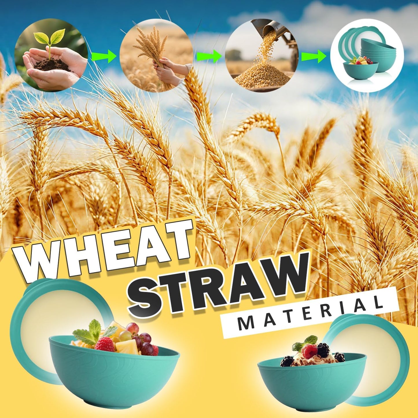 Wheat Straw Bowls Set with Lids, Unbreakable 40 OZ Cereal Bowls Set of 4, Salad Container for Lunch, Microwave & Dishwasher Safe Bowl Set for Kitchen, Picnic, RV, Camping, Multi