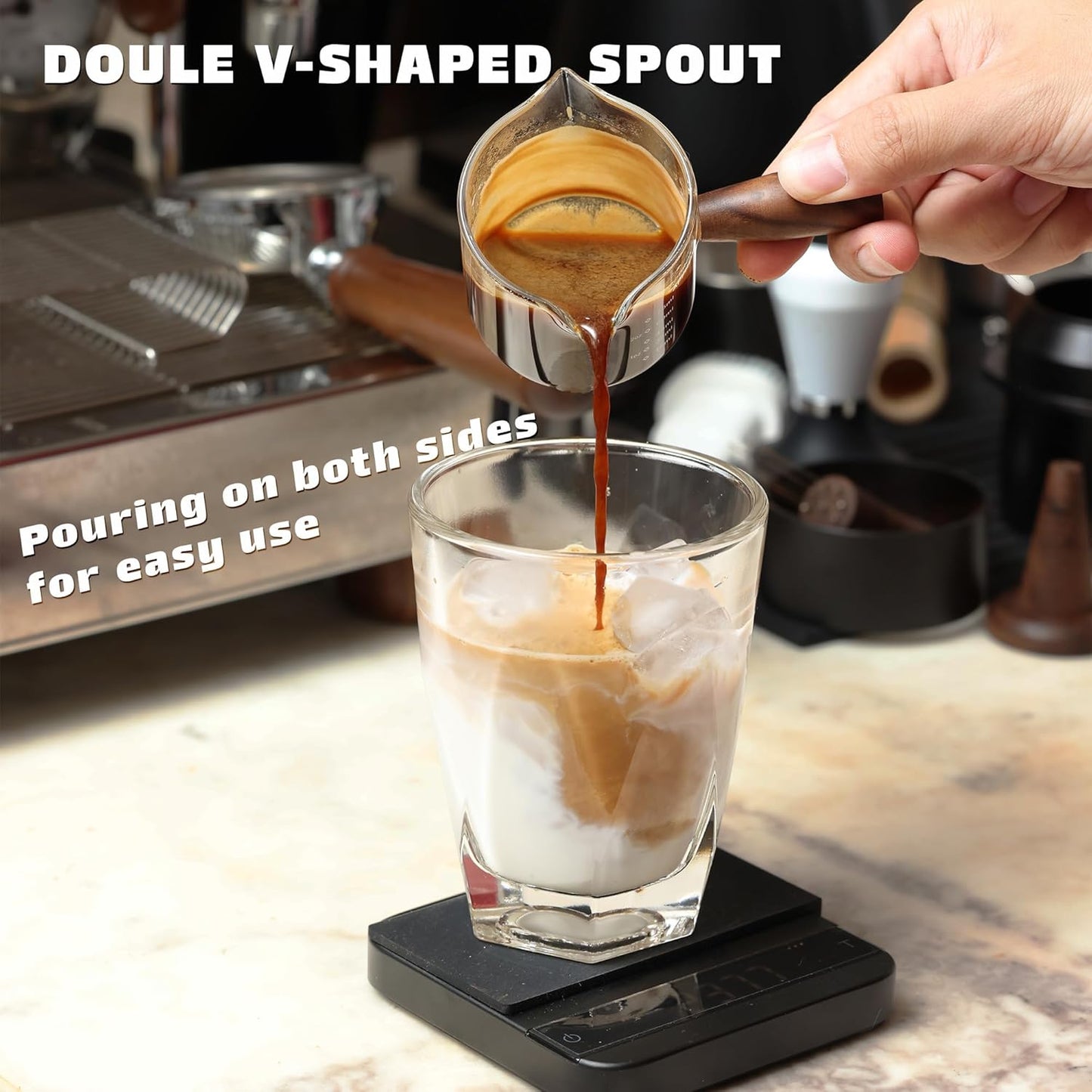 Amber 3.5oz Espresso Shot Glass Double Spouts with American Walnut Handle, Double Spout Glass Measuring Cup, Milk Frothing Pitcher