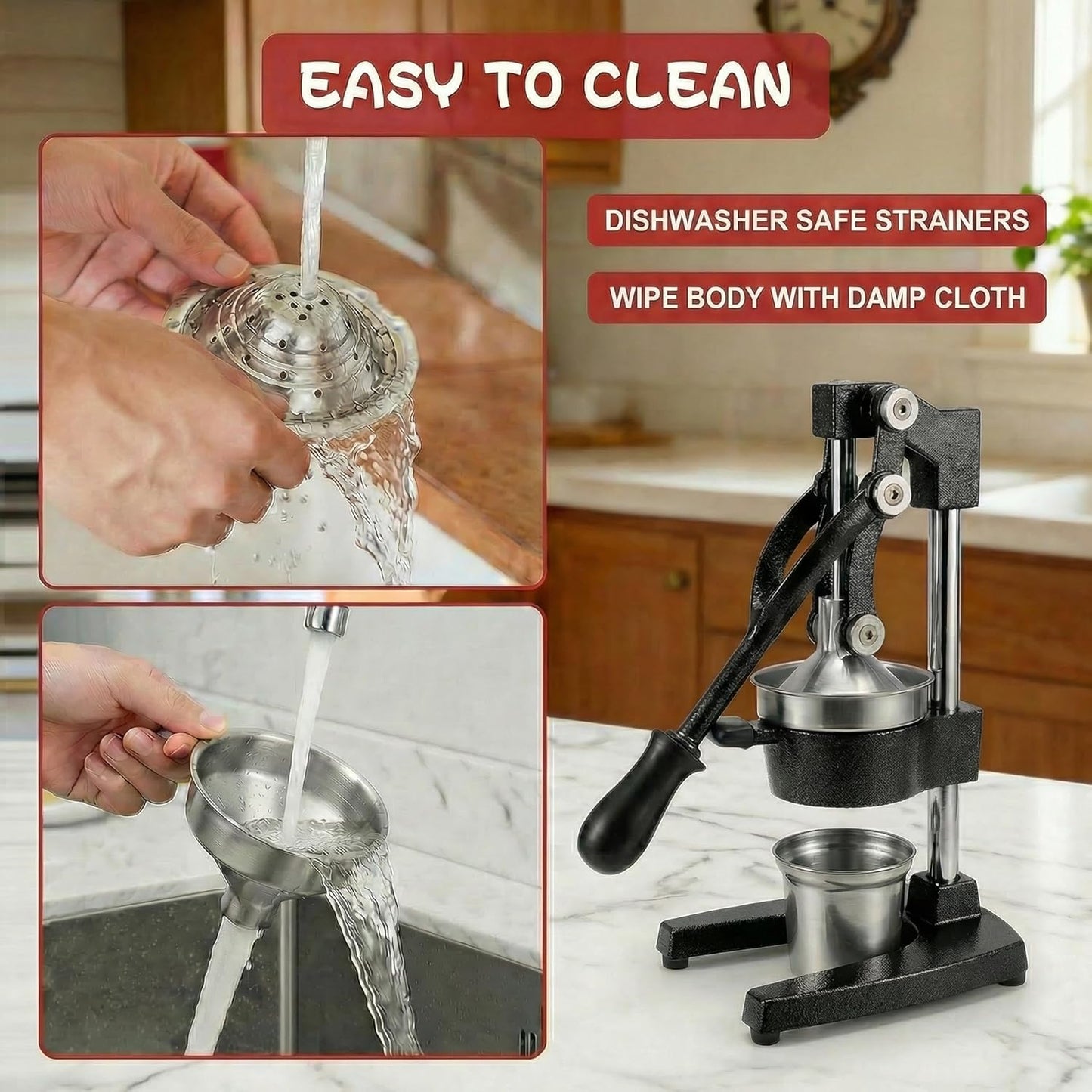 Cast Iron Citrus Juicer Hand Press, Heavy Duty Manual Orange Juicer Squeezer with 304 Stainless Steel Cup & Strainer, Lemon Grapefruit Pomegranate Press, Grey