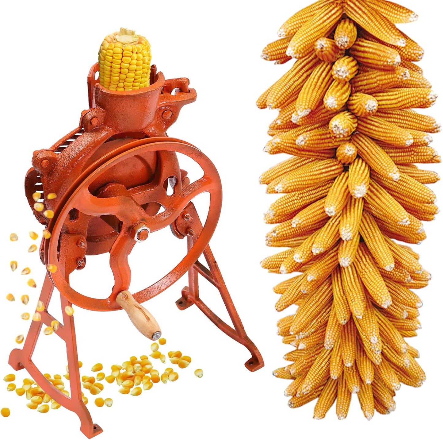 Corn Sheller, Hand Crank & Electric Corn Thresher Peeling Peeler, Corn Cob Stripper Tool with Handle, Manual Dry Corn Shelling Machine for Small Farm and Household Usage (Orange)