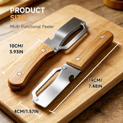 2026 Multi-Functional Vegetable Peeler, Premium Vegetable Peeler with Wooden Handle and Bottle Opener, Stainless Steel Blade Kitchen Tool for Vegetables Fruit Apple Potato Pumpkin