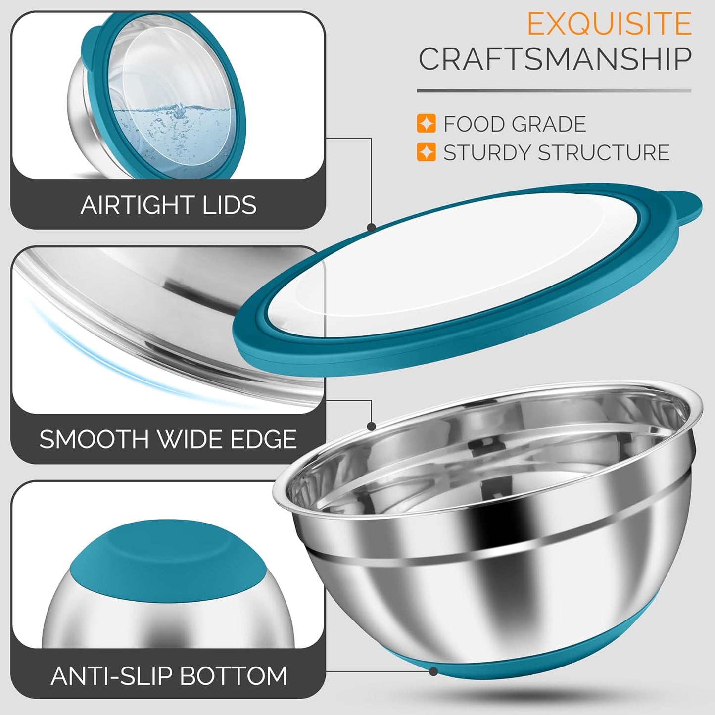 HaWare Mixing Bowls, 24-Piece Stainless Steel Salad Serving Bowl with Airtight Clear Lids, Metal Nesting Bowl For Kitchen Cooking Prepping Storing with 3 Graters, 4.6/2.6/1.5/1/0.7 QT, Khaki