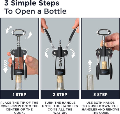 Deiss PRO Wing Corkscrew Wine Opener - 2 in 1 Wine Corkscrew and Beer Opener - The Easiest Way to Open Wine Bottle Corks - Reliable and Sturdy Wine Opener - Wine Bottle Opener