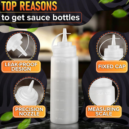 Set of 6 Inverted Condiment Squeeze Bottles 16 oz – Upgraded Design with Added Sealing Gaskets, Self-Closing Valve, Easy-to-Fill Clear Bottles for Sauces, Dressings, Ketchup, Mustard for Everyday Use