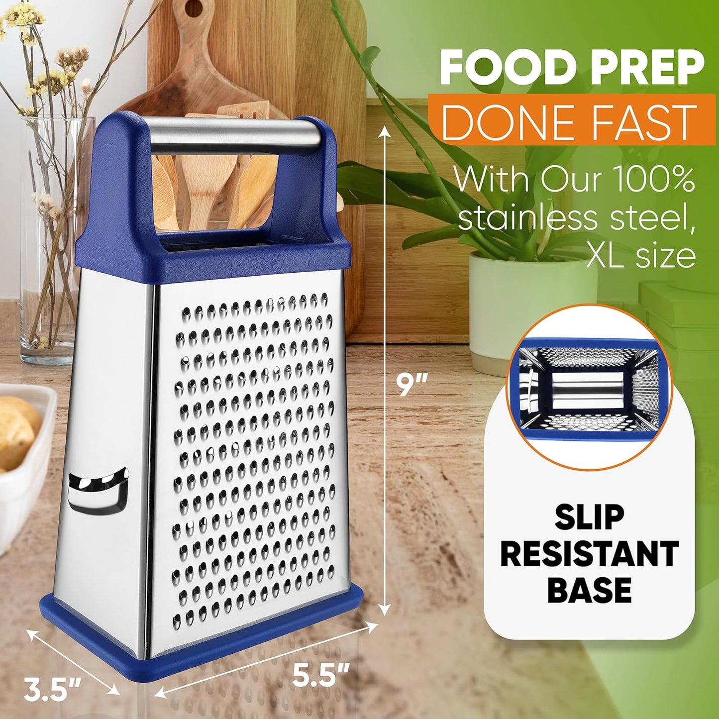 Spring Chef Professional Cheese Grater - Stainless Steel, XL Size, 4 Sides - Perfect Box Grater for Parmesan Cheese, Vegetables, Ginger - Dishwasher Safe - Black