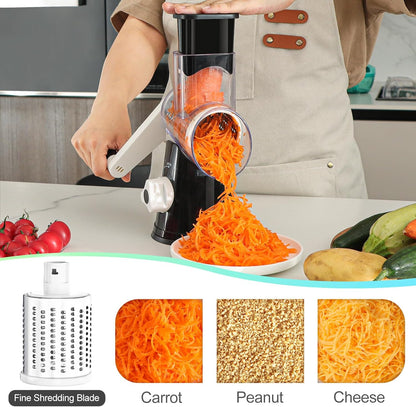Ourokhome Rotary Cheese Grater Hand Crank, Kitchen Shredder Speed Mandolin Slicer Nut Grinder with Handle and Drum Blades for Cheese, Vegetable, Walnut, Chocolate, Potato, Carrot, 3 Blades, Dark Blue
