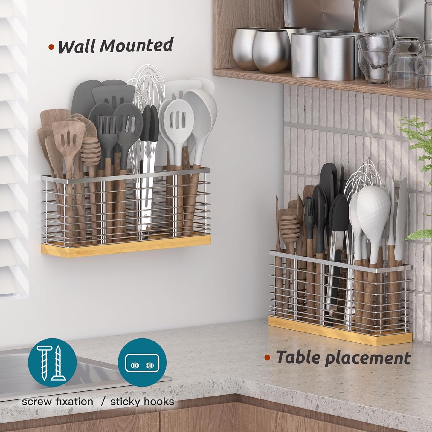 Suli Extra Large Kitchen Utensil Holder Countertop with 4 Compartments,Matte Black Metal holder with Wooden Base for Countertop,Farmhouse Utensil Organizer for counter,Rustic Cooking Utensil Organizer