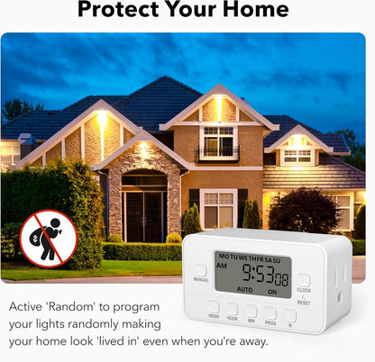 BN-LINK 7-Day Heavy Duty Digital Timer with Dual Outlet, LCD Display, 3-Prong Programmable Design, for Lights, Fans, Coffee Machine, Home, Kitchen, Office, Indoor Use, 125V 15A 1875W, 1 Pack
