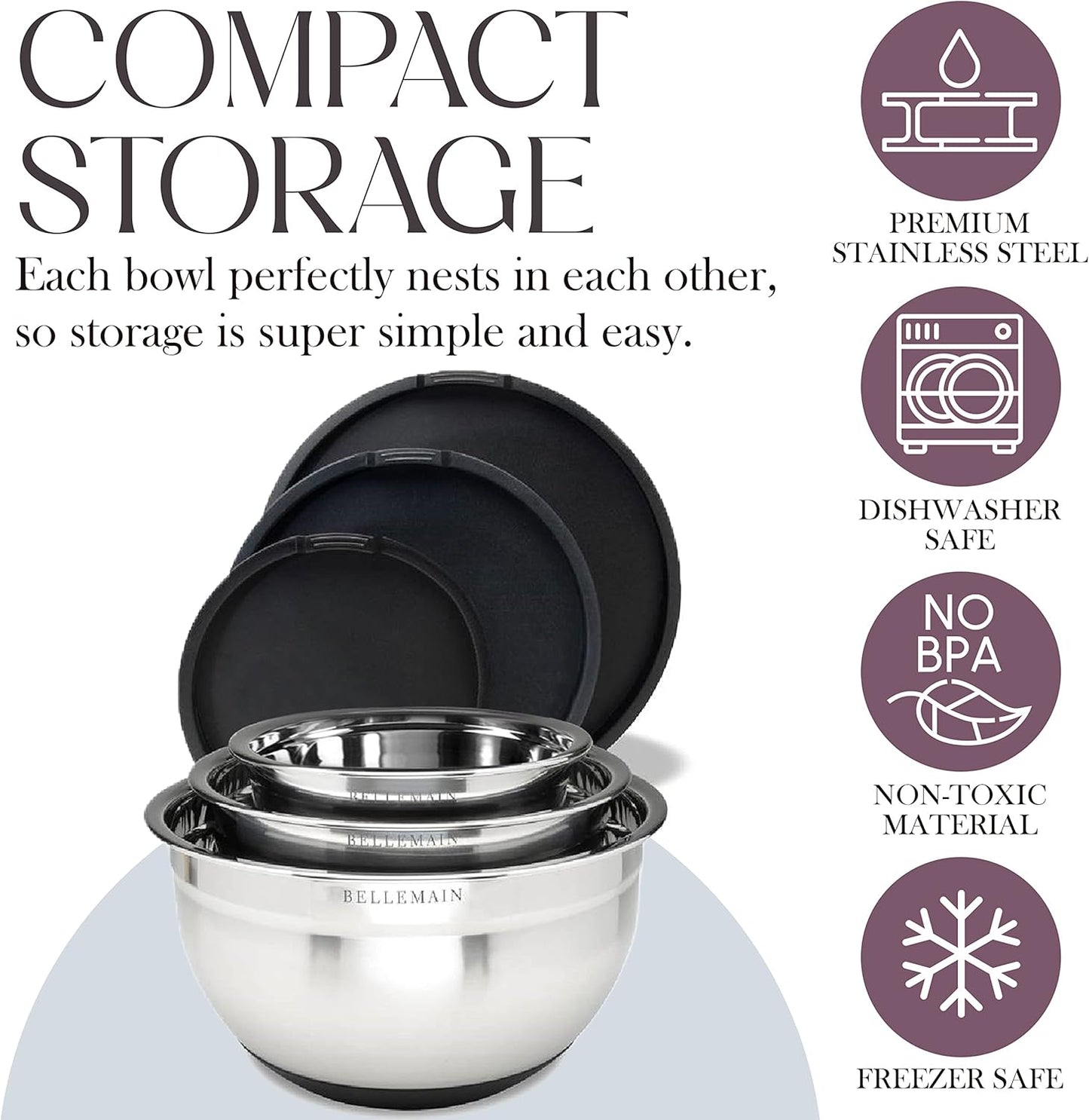 Bellemain Stainless Steel Non-Slip Mixing Bowls with Lids (4-Piece Set)