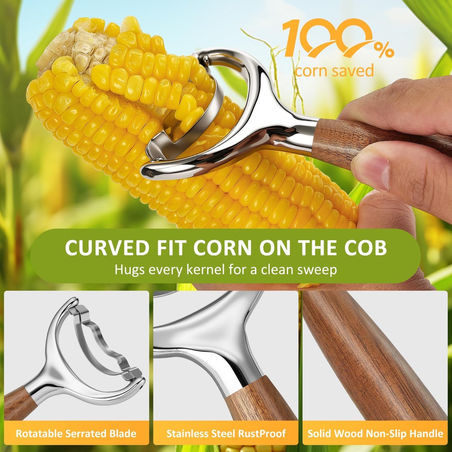 Stainless Steel Corn Peeler, Durable Corn on the Cob Stripper Tool with Solid Wood Good Grip Handle for Salad Polenta Pizza Popcorn Cooking Gifts for Woman Her Mom Birthday (Exotic Ebony)