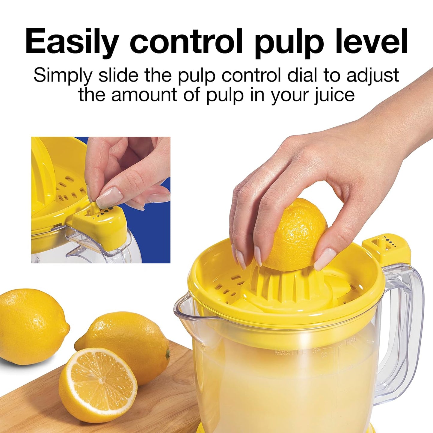 Proctor Silex Alex's Lemonade Stand Electric Citrus Juicer Machine, Large 34 oz. Pitcher, Pressure Activated, for Lemons, Limes and Oranges, 34 oz, Includes 2 Reamers & Recipe Book, Yellow (66341)
