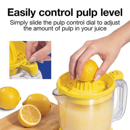 Proctor Silex Alex's Lemonade Stand Electric Citrus Juicer Machine, Large 34 oz. Pitcher, Pressure Activated, for Lemons, Limes and Oranges, 34 oz, Includes 2 Reamers & Recipe Book, Yellow (66341)