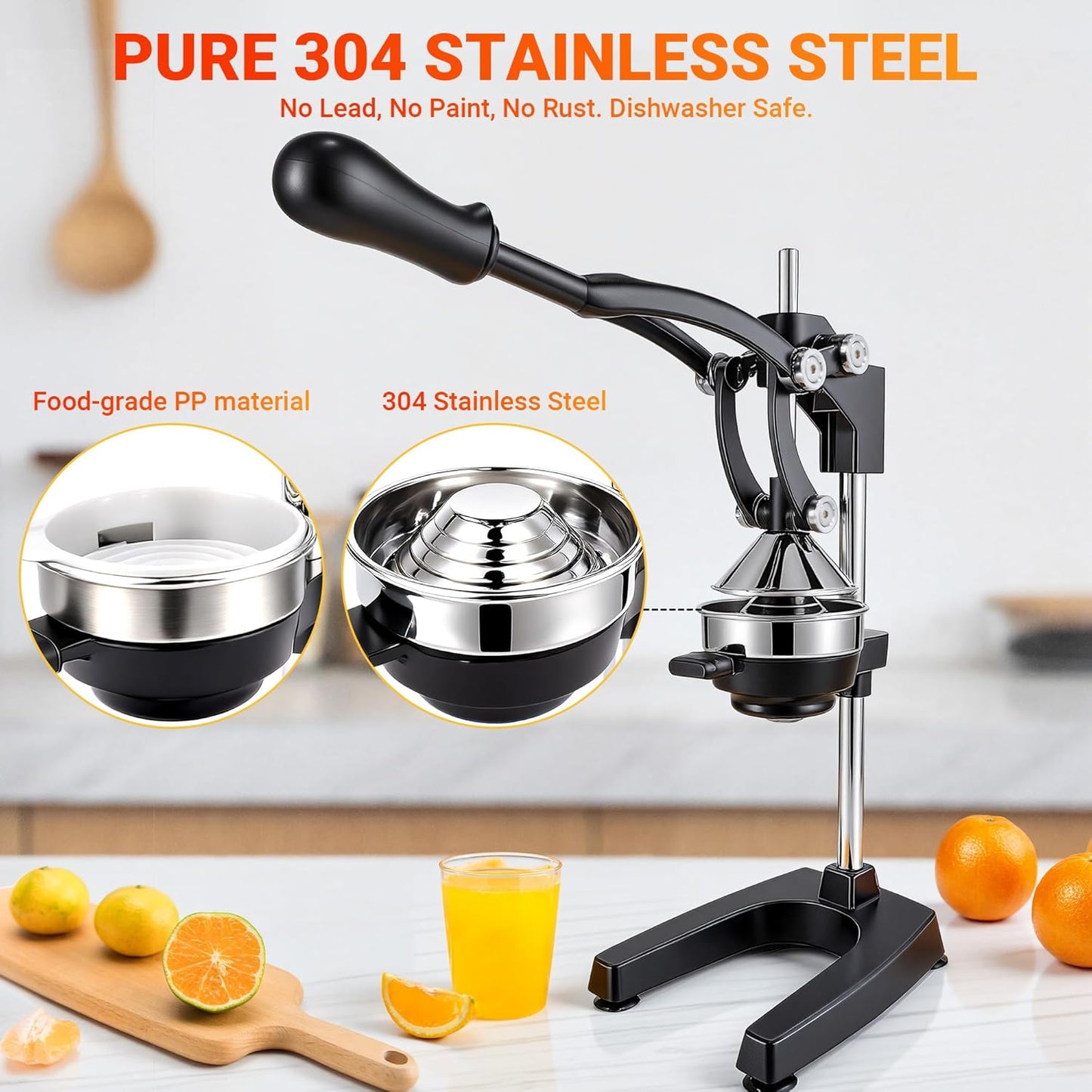 Manual Juicer Hand Press, 304 Stainless Steel Citrus Juicer for Orange Lemon Pomegranate, 19" Extra Tall Heavy Duty Juice Press with Dual Molds for Apple & Pear, Stable Suction Base
