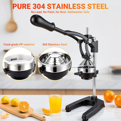 Manual Juicer Hand Press, 304 Stainless Steel Citrus Juicer for Orange Lemon Pomegranate, 19" Extra Tall Heavy Duty Juice Press with Dual Molds for Apple & Pear, Stable Suction Base